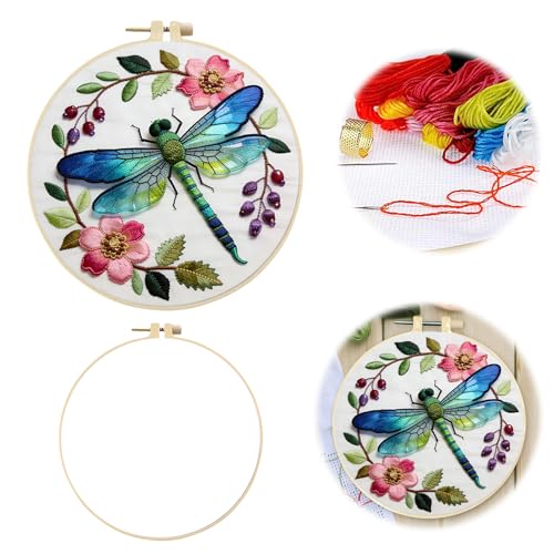 Dragonfly Floral Embroidery Kit for Adults - 11.81x11.81in Pre-Stamped Pattern Cross Stitch Kit with 7.87 Inch Bamboo Hoop, Floss, Needles - DIY Craft Kit for Home Decoration & Gift Giving