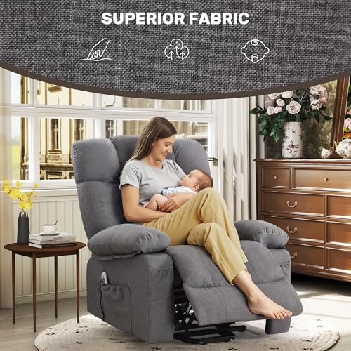 jonpony Power Lift Recliner Chair for Elderly, Big and Tall Lift Chair with Massage and Heat for Living Room, Fabric Electric Recliner Chairs with 4 Side Pockets, USB Charge Port,Grey