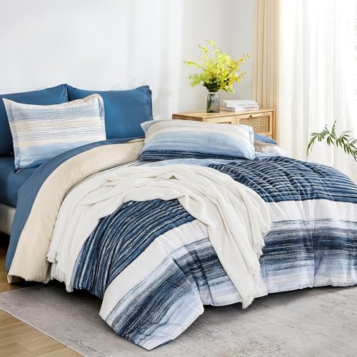 WONGS BEDDING Blue Comforter Set Full Size, 7 Pieces Full Bed in a Bag for All Season, Soft and Breathable Striped Bedding Set with Boho Comforter, Flat Sheet, Fitted Sheet, Pillowcases & Shams WONGS BEDDING