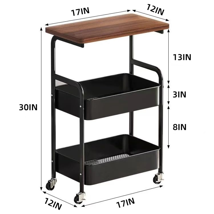 3 Tier Metal Rolling Utility Cart Organizer with Walnut Table Top, Stable and Sturdy Rolling Storage Carts with 2 Lockable Wheels for Kitchen,Bathroom,Snacks,Coffee,Craft,Makeup,Baby Essentials MASHART