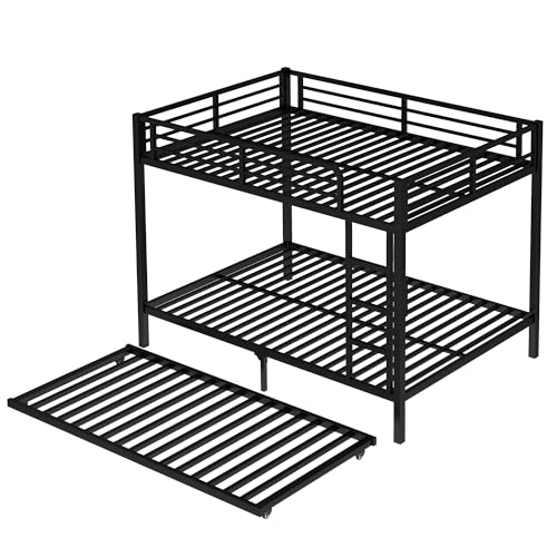 Bellemave Metal Bunk Bed with Trundle, Full Over Full Bunk Trundle and Guardrail and Ladder for Kids/Teenagers, Adults, No Box Spring Needed,Black Bellemave