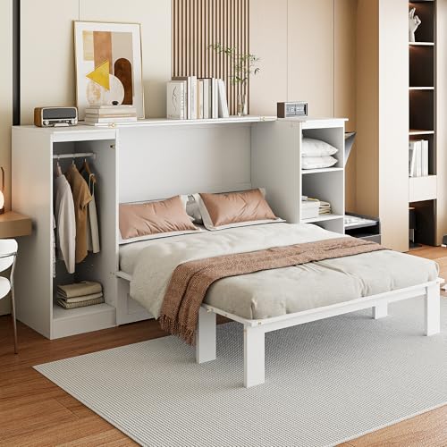 Ball & Cast Murphy Bed Twin Size Wall Chest with Bedside Shelves and Wardrobe,Wood Hideaway Cabinet Platform Bedframe w/Drawer & Bookcase,can be Folded,Space-Saving,for Small Room,Dorms,White Ball & Cast