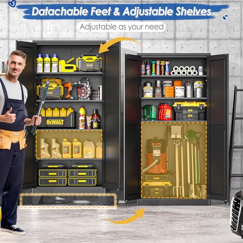 GAIOUS 71" Tall Metal Storage Cabinet with 2 Doors and 4 Adjustable Shelves, Kitchen Pantry Cabinet Black Freestanding Cupboard, 5 Tier Multifunctional Steel Storage for Office, Kitchen, Dining Room GAIOUS