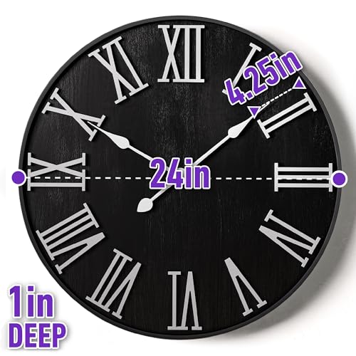 Large Wall Clock 24" Round - Silent Metal & Wood Large Clock - Farmhouse Wall Clock Large - 24 Inch Wall Clock For Living Room Decor - Big Wall Clock Roman Numerals - Wall Clocks For Living Room Decor HB Design Co.