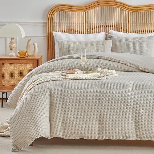 WARMDERN Waffle Weave Duvet Cover King Size, Khaki Textured Duvet Cover Set, Soft and Breathable Comforter Cover, 3 Pieces Microfiber Bedding Set for All Season(Khaki,King) WARMDERN