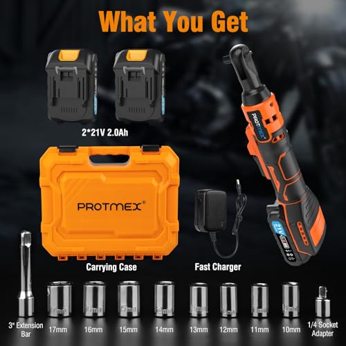 Protmex 3/8'' Cordless Ratchet Wrench, 60FT-LBS (80N.m) Electric Ratchet with 21V 2 X 2.0Ah Battery, 400 RPM Chargeable Power Ratchet Driver Set with 8 Sockets,1/4 Adaptor, 3" Extension Bar Protmex