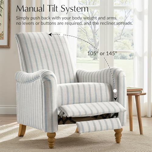 HULALA HOME Farmhouse Recliner Chair with Solid Wood Spindle Legs, Striped Push Back Recliner Armchair with Adjustable Backrest & Footrest, Comfy High Back Lazyboy Single Sofa for Living Room, Blue