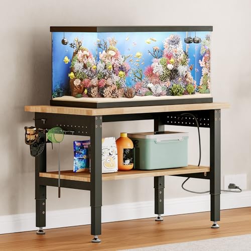 SPECRAFT 48"x20" 2-Tier Adjustable Workbench with 4 AC Outlet and 2 USB Ports Power Outlets, 2500 Lbs Capacity Heavy Duty Workbench, Rubber Wood Top for Garage, Workshop, Office SPECRAFT