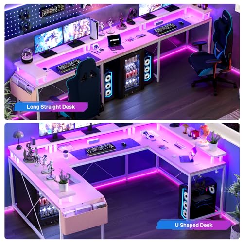 IDEALHOUSE U Shaped Home Office Desk, Reversible L Shaped Gaming Computer Desk with Power Outlets,126 Inch Computer Desk with Monitor Stand and LED Lights,Storage Shelves,Storage Bag and Hooks(Pink) IDEALHOUSE