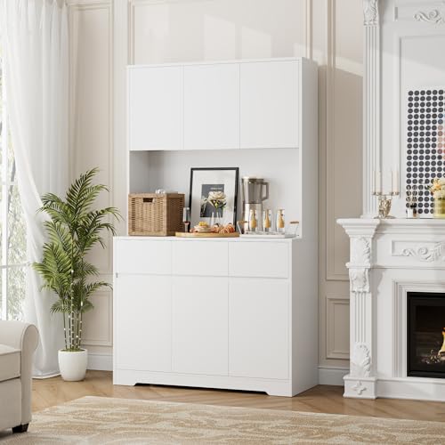 finetones 71'' Tall Kitchen Pantry Storage Cabinet with Power Outlets and Led Lights, Large Kitchen Hutch Buffet Cabinet with Microwave Stand, Pantry Cabinet Kitchen Cabinet with Buffet Cupboard finetones