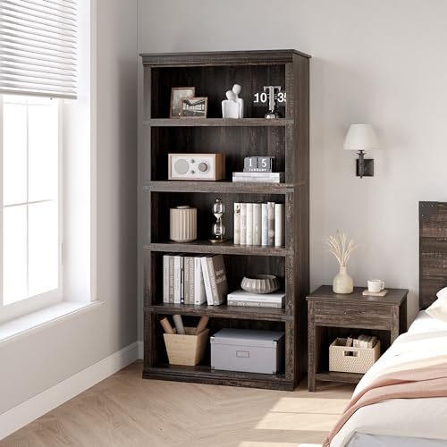 IDEALHOUSE 5 Tier Bookcase, Farmhouse Book Shelf with Storage Open Display Bookshelves, 71" Tall Book Case Wooden 5 Shelf Bookcase Home Decor Furniture for Home Office, Living Room, Bed Room - Cherry IDEALHOUSE