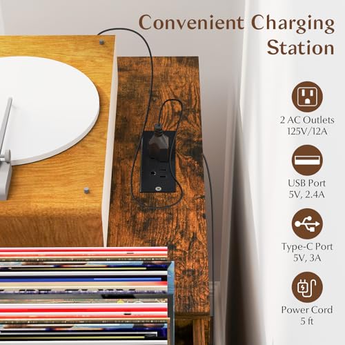 LOKO Record Player Stand with Charging Station, Vinyl Record Holder with Removable Divider, Industrial Turntable Display Stand, Record Storage Table Cabinet for Living Room, Bedroom, Rustic Brown LOKO