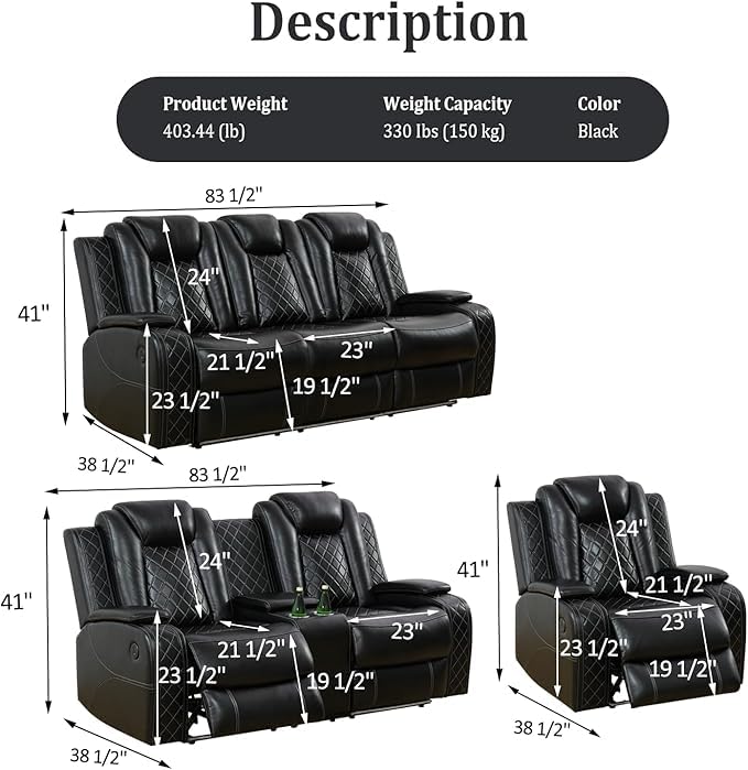 AYCP Furniture Power Recliner Set with LED Lights, Air Leather Reclining Set with USB Port/Wireless Charger/Storage Console/Cup Holder for House/HomeTheater/Apt (Black, Sofa Loveseat Chair) AYCP Furniture
