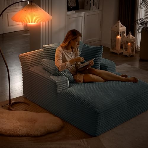 49.2" Full Foam Oversized Chaise Lounge Chair Cozy Cloud Couch , Modern Plush Corduroy Upholstered Sleeper Sofa Daybed with 3 Throw Pillows and Wide Armrest for Living Room , No Assembly Required Eafurn