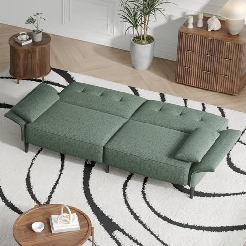 COPIAE 89” Futon Sofa Bed,Comfy Futon Couch Bed with 2 Square Pillows,Convertible Sleeper Sofa with Adjustable Backrest& Armrests, Modern Loveseat Sleeper for Living Room, Bedroom, Linen Green COPIAE