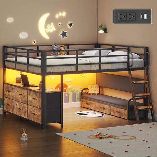 Dnxao Full Size Low Loft Bed with Desk,Full Size Bed Frame with 9 Storage Drawers, Kids Loft Bed with 15.8" H Safety Guardrail,Sofa,LED Lights & Charging Station,No Box Spring Needed,Rustic Brown Dnxao