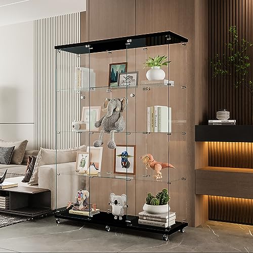 Glass Display Cabinet with 12 Shelves with 3 Columns, 4 Tier Curio Cabinet with Doors, Fast Installation, Floor Standing Tempered Glass Collection Display Showcase for Bedroom, Living Room (Black-A) AONYAYBM