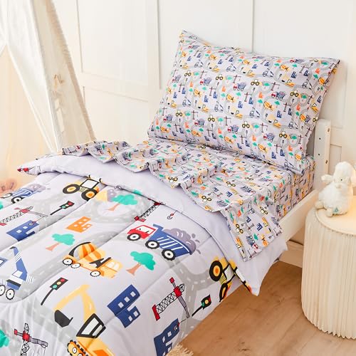 lasoftan Construction Toddler Bedding Set for Boys, 4 Piece Bed-in-a-Bag Toddler Comforter Sets, Excavator, Cars Printed, Super Soft and Comfortable Microfiber Todeeler Bed Set lasoftan