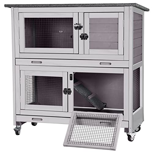Rabbit Hutch Bunny Cage, Guinea Pig Cage Bunny Hutch Indoor, Wood Pet Cage with 4 Casters -2 Story & 2 Trays GUTINNEEN