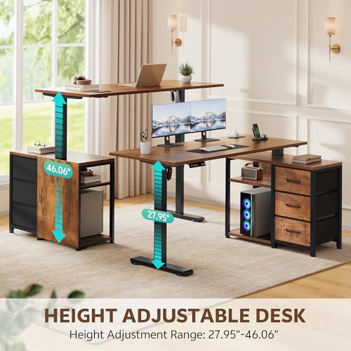 Homiflex 47 Inch L Shaped Standing Desk with 3 Drawers Electric Standing Desk with Storage Computer Desk Adjustable Height with Power Outlets 4 Memory Presets for Home Office, Rustic Brown Homiflex