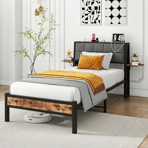JUISSANO Twin Bed Frame with Wood Storage Headboard/USB Charging Station,Heavy Duty Metal Platform Bed Frames Twin Size No Box Spring Needed,Removable Bedside Shelf,Black and Rustic Brown JUISSANO