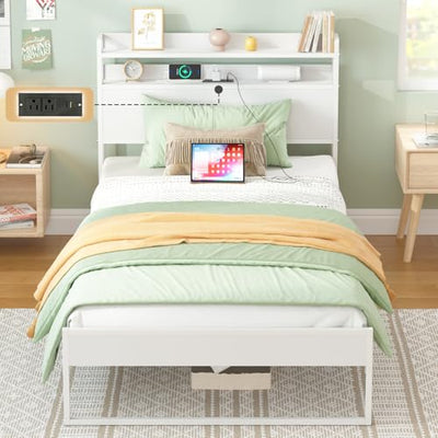 Elephance Twin Bed Frames with Charging Station and Storage Headboard, No Box Spring Needed, Noise Free, Easy Assembly