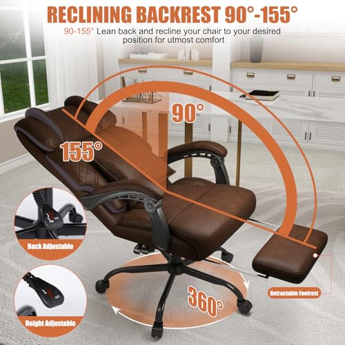 Ergonomic Office Chair with Footrest, 400lbs High Back Executive Home Office Computer Chair with Unique Ear-Shape Headrest for Neck Support,Coffee Leather Office Chairs for Home Office Work Hihady