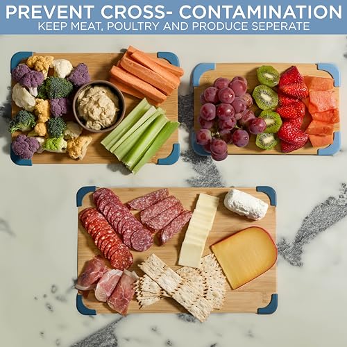 COOK WITH COLOR Bamboo Cutting Board Set- 3 Pc. Large, Medium and Small Non Slip Cutting Boards for Kitchen, Meats, Veggies and Fruit (Light Blue) COOK WITH COLOR