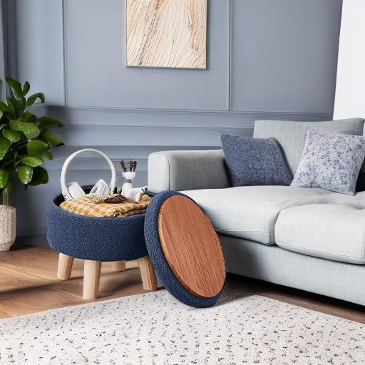 Wimarsbon Storage Ottoman, Modern Round Footrest with Soft Padded Seat, Teddy Velvet Footstool with Wood Legs, Accent Small Table or Plant Stand for Hallway, Living Room (Grey-Blue) Wimarsbon