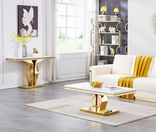 Henf Faux Marble Console Table Luxury White Marble Entryway Table with Gold Mirrored Stainless Steel Base, Elegant Accent Sofa Table for Living Room, Hallway, Foyer, Corridor (Gold & White) Henf