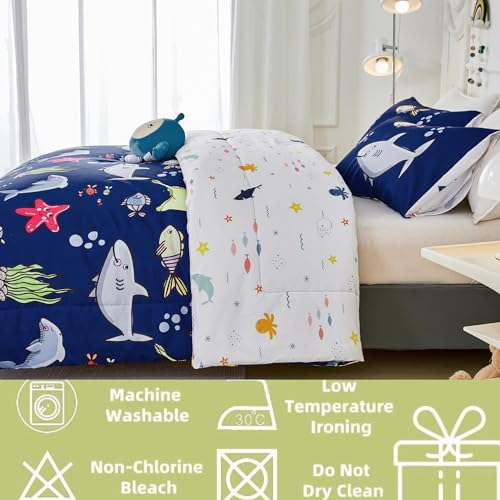 RYNGHIPY Kids Bedding Set for Queen Bed Reversible Ocean Animals Print Comforter Set for Boys Girls Easy-Wash Super Soft Microfiber Bed Set (Navy Ocean,Queen) RYNGHIPY