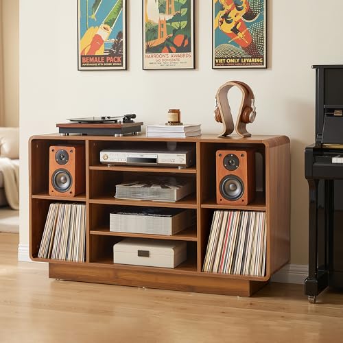 RARZOE Large Record Player Stand with Vinyl Storage, 5-Tier AV Media Stereo Cabinet, Curved Vinyl Record Storage Cabinet Turntable Stand with Adjustable Shelves for Living Room Recording Studio RARZOE