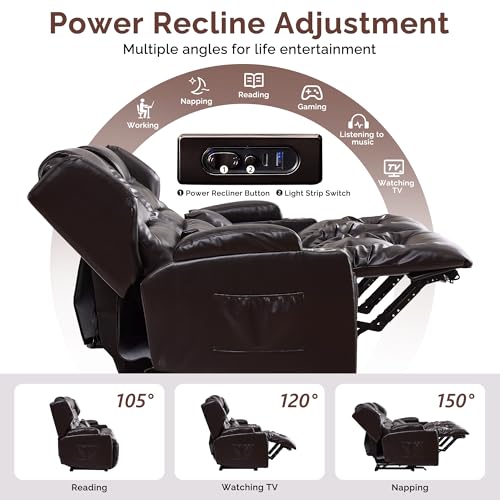 Loveseat Recliner Sofa, Power Reclining Loveseat Sofa Couches with Center Console, Bluetooth Speaker, LED Lights, Cup Holder, PU Leather Wall Hugger Recliners for Living Room, RV, Home Theater, Brown