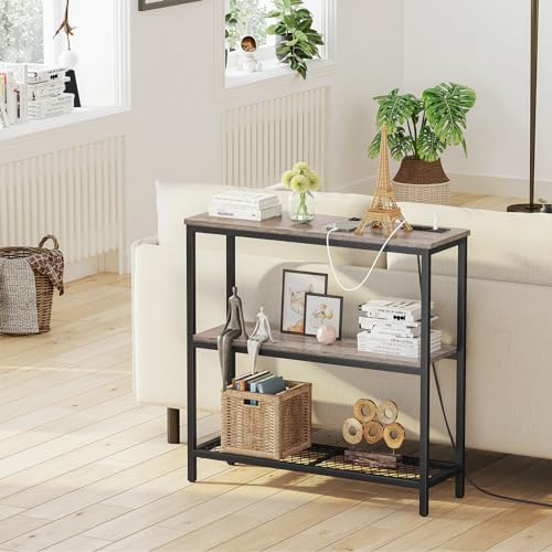 Snughome Console Table with Power Outlets, Entryway Table with Storage, Narrow Sofa Table with 3 Tier Shelves, 2 USB Ports, 2 Power Outlets, Hallway Table for Couch, Living Room, Entrance, Grey Snughome