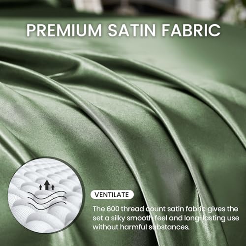 Revdomfly 4 Pcs Queen Size Luxury Silky Soft Olive Green Satin Sheet Set,1 Premium Moisture Wicking Fitted Sheet Fits Up to 16 Inches Deep Pocket + 1 Flat Sheet + 2 Pillowcases(Olive Green, Queen) Revdomfly