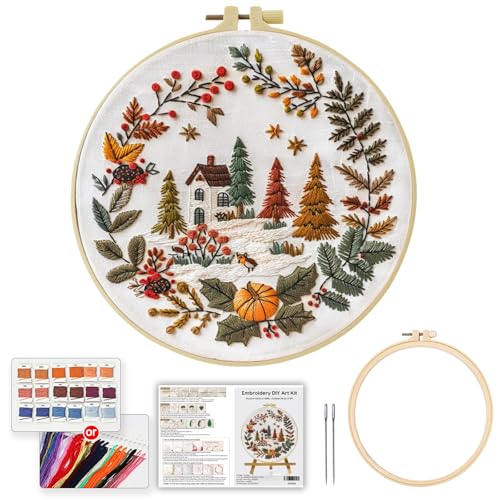 Embroidery Kit for Beginners, Beautiful small town Nature Landscape Pre-Stamped Pattern Kits for Adults , Easy to Follow Color Thread Needlework,DIY Cross Stitch Kits with 8'' Hoop Needles Threads