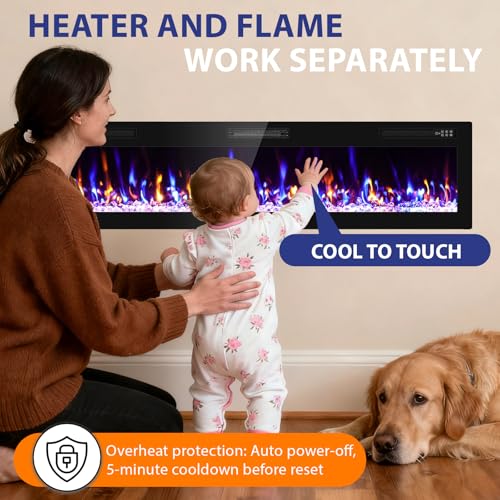 BREEZEHEAT 72 Inch Ultra Thin Electric Fireplace-Narrow Bezel Linear Fireplace Heater Recessed Wall Mounted, Remote Control, Touch Screen, 750W/1500W, 8H Timer for Living Room, Bedroom, Office BREEZEHEAT