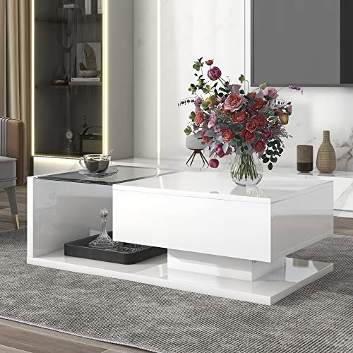 Merax Coffee Table, 2-Tier Rectangular Coffee Table with Tempered Glass, Modern Cocktail Table with High-Gloss UV Surface, Minimalist Design Center Table for Living Room, White Merax