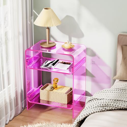 Acrylic Record Player Table with Storage Shelf, Clear Side Table Nightstand (Pink, Large) Acrylicolor