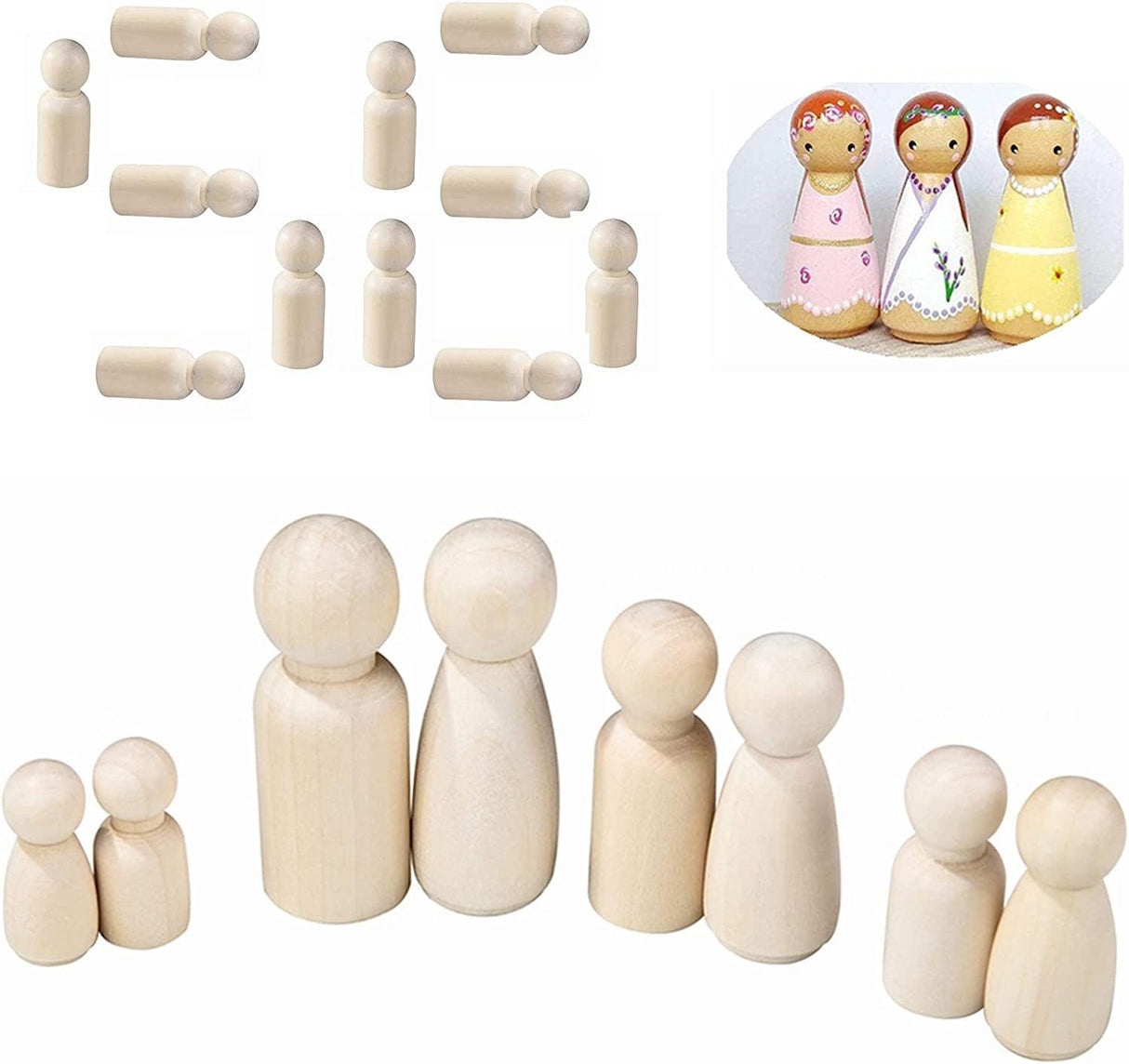 56 PCS Unfinished Natural Wooden Peg Dolls,Little Wooden Peg People for Painted or Craft WoodArtSupply