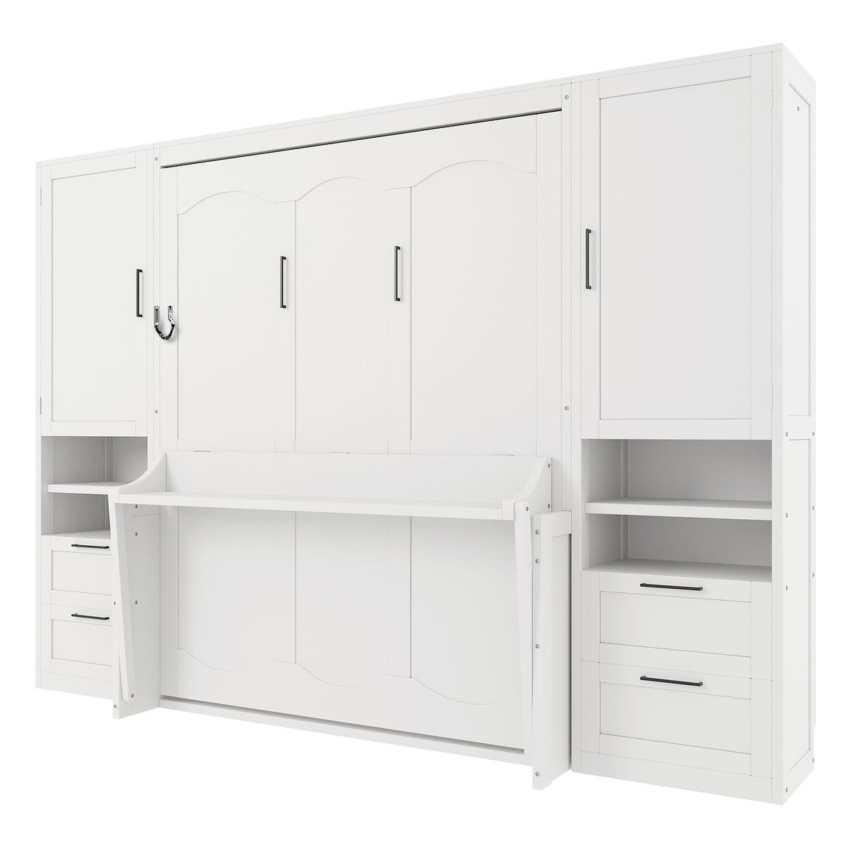Queen Size Murphy Bed Wall Bed with Closet, Drawers and Shelves, White