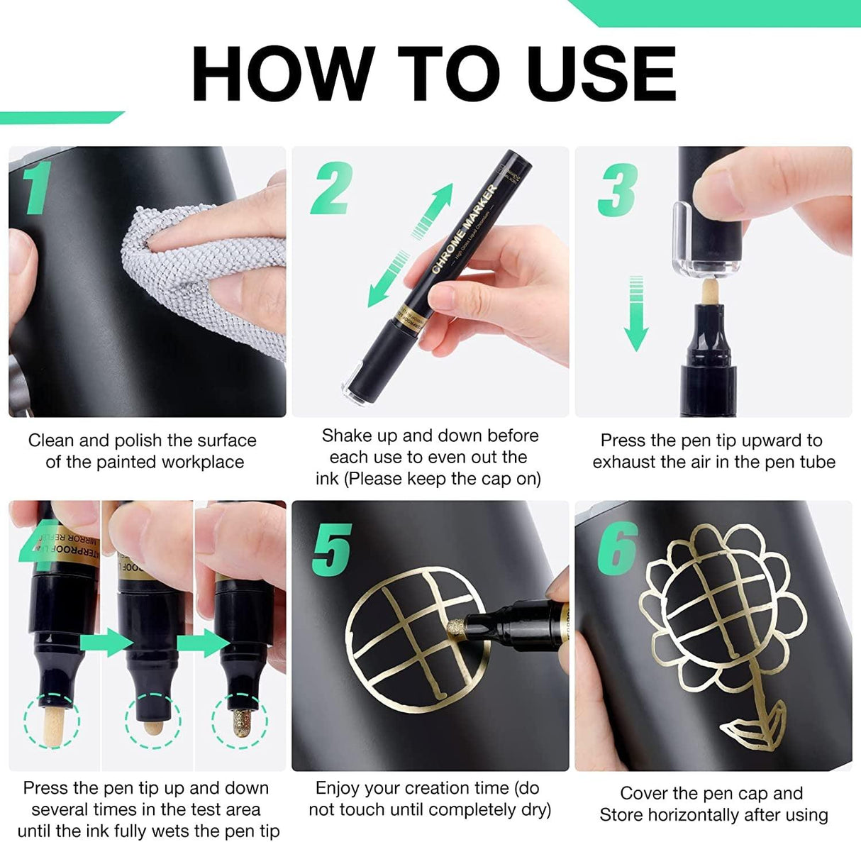 5x 1-3mm Art Liquid Gold Chrome Markers Reflective Gloss Metallic Set Golden Mirror Paint Pens WoodArtSupply