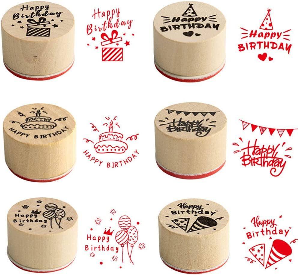 6 Pcs Wooden Stamps Set round Rubber Stamps for Card Making Happy Birthday Pattern WoodArtSupply