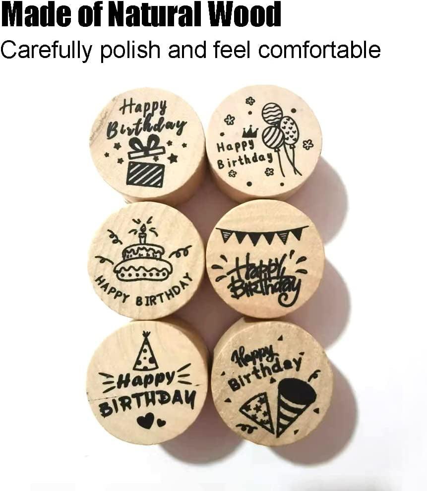 6 Pcs Wooden Stamps Set round Rubber Stamps for Card Making Happy Birthday Pattern WoodArtSupply