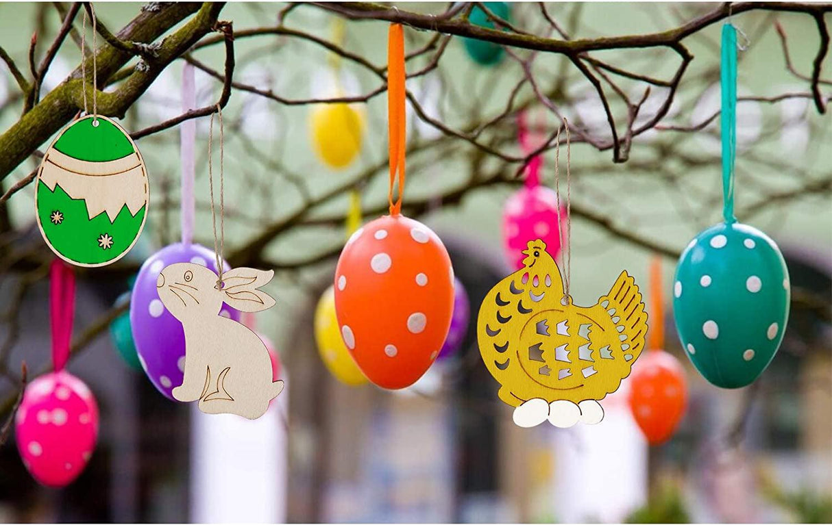 60PCS Easter Wood Cutouts Crafts Unfinished Ornaments DIY Bunny Decor Hanging Egg Shapes with Pen and Cords WoodArtSupply