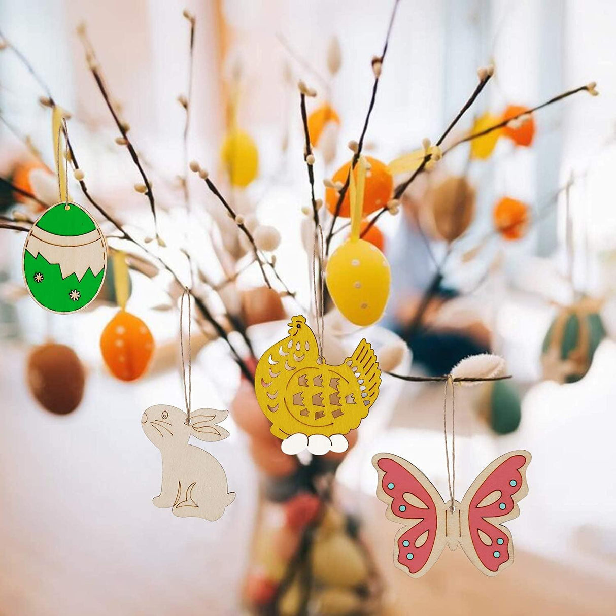 60PCS Easter Wood Cutouts Crafts Unfinished Ornaments DIY Bunny Decor Hanging Egg Shapes with Pen and Cords WoodArtSupply