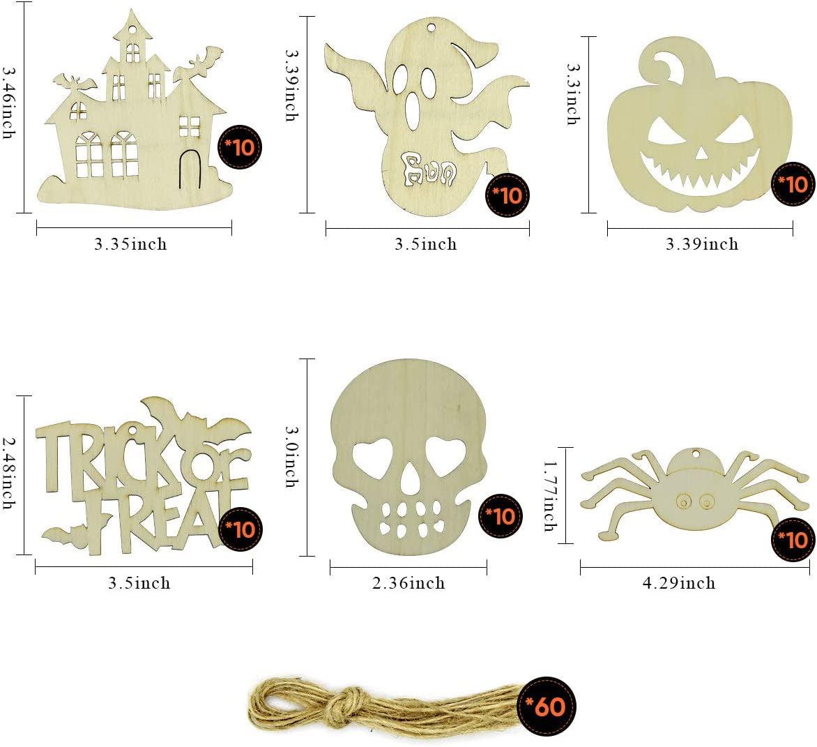 60Pcs Halloween Crafts Unfinished Wooden Ornaments Kit DIY Wood Cutouts 60 Pcs Twine Ropes Kids WoodArtSupply