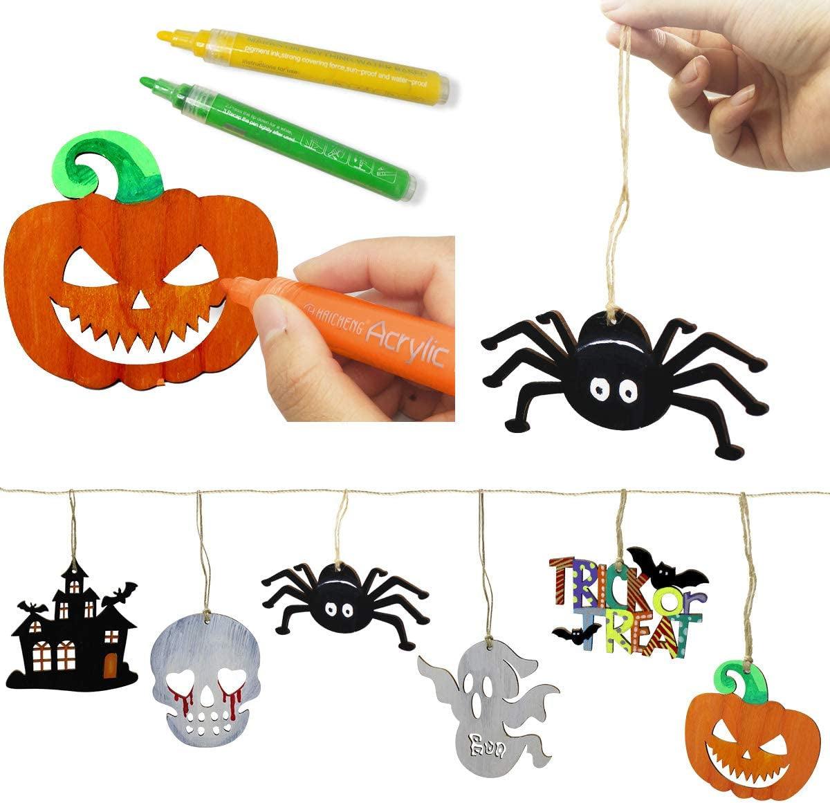 60Pcs Halloween Crafts Unfinished Wooden Ornaments Kit DIY Wood Cutouts 60 Pcs Twine Ropes Kids WoodArtSupply