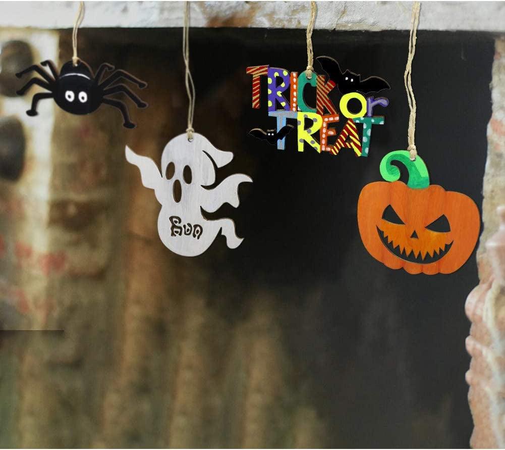 60Pcs Halloween Crafts Unfinished Wooden Ornaments Kit DIY Wood Cutouts 60 Pcs Twine Ropes Kids WoodArtSupply