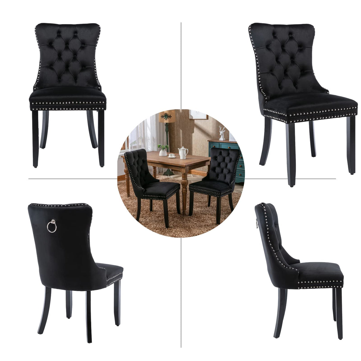 Black Velvet Dining Chairs Set of 4, Upholstered Dining Room Chairs with Back Ring Pull Trim and Solid Wood Legs,Modern Dining Chairs Perfect for Dining Room,Living Room,Kitchen(Black) Shenyon